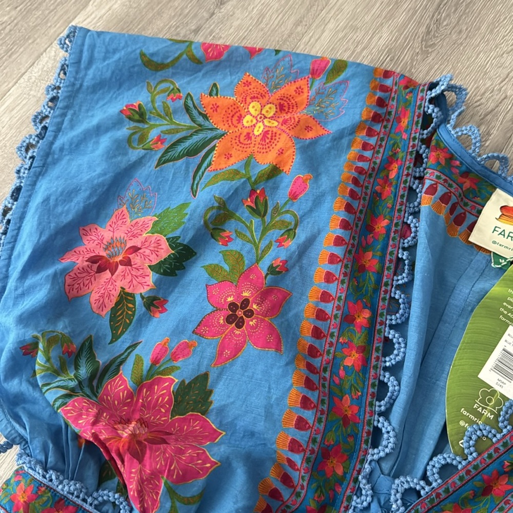 Farm Rio Women’s Blue Tropical Midi Layered Tiered Tapestry Dress Medium NWT - Picture 9 of 16